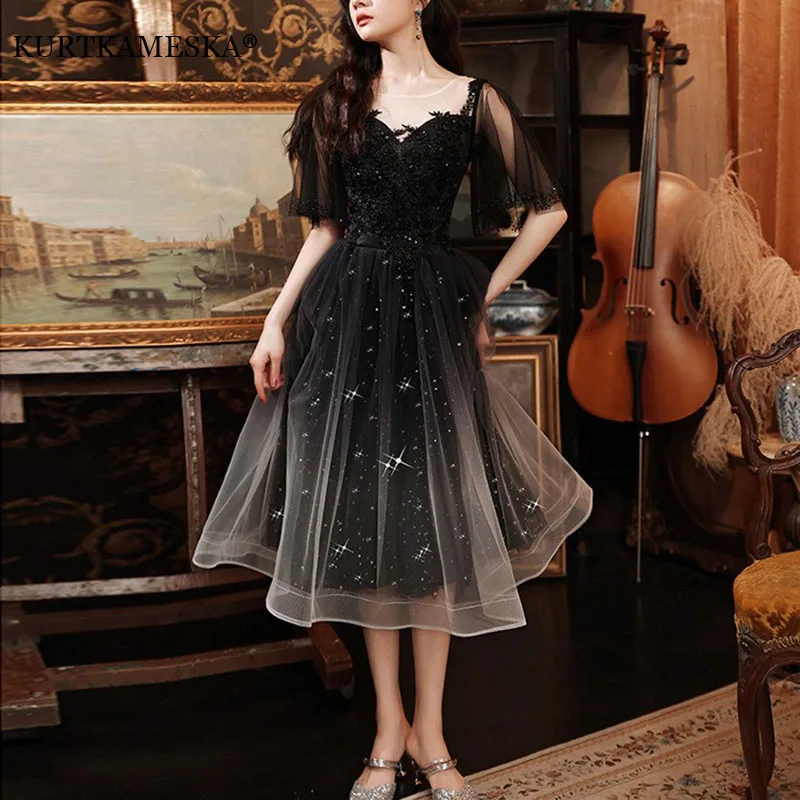 

Luxury Sexy O-neck Ball Gown Wedding Evening Party Summer Dress French Black Sequined Bride Wedding Dress Women Formal vestidos