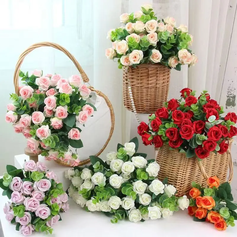 11 Heads Artificial Flower Silk Rose white Eucalyptus leaves Peony Bouquet Fake Flower for Wedding Table Party Vase Home Decor