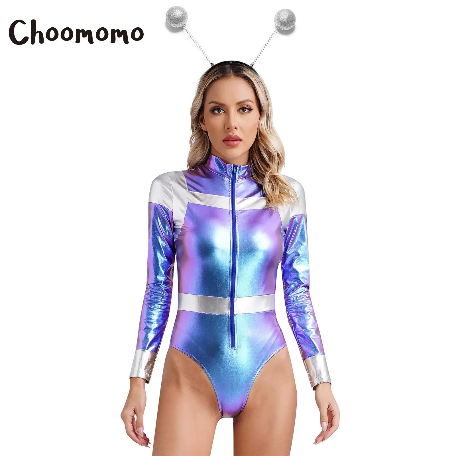 

Womens Astronaut Costume Space Cadet Extraterrestrials Long Sleeve Metallic Bodysuit Jumpsuit Halloween Party Fancy Dress Up