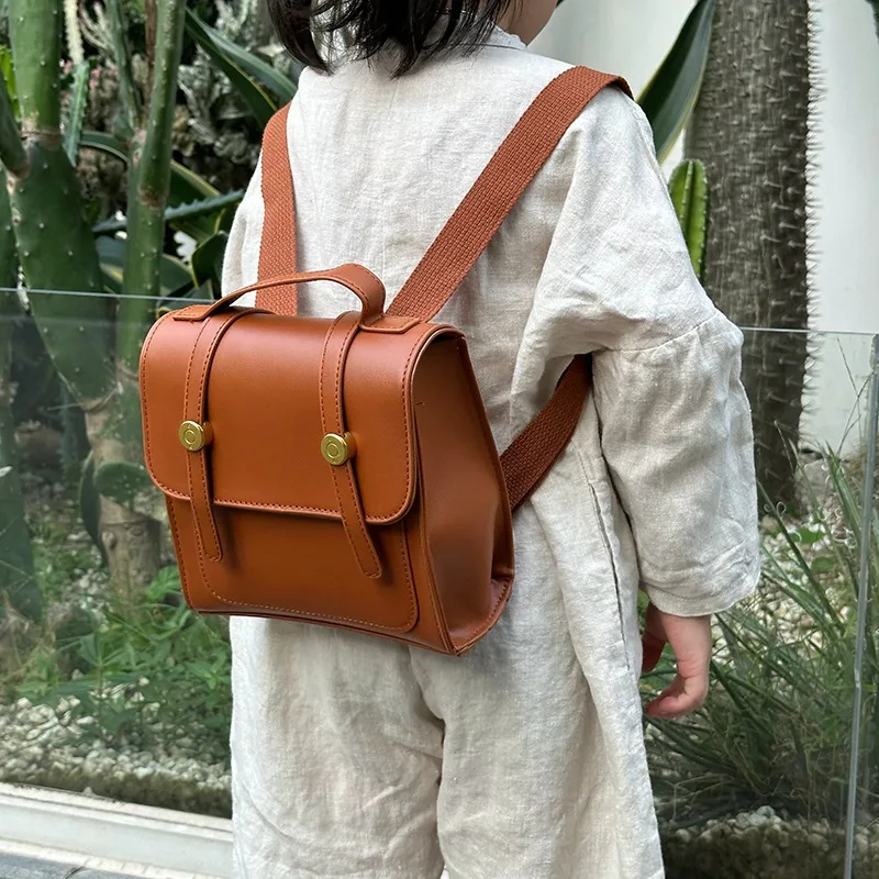 Vintage Brown PU Leather Convertible Backpack Satchel With Top Handle Webbing Straps Women School Commute Handbag