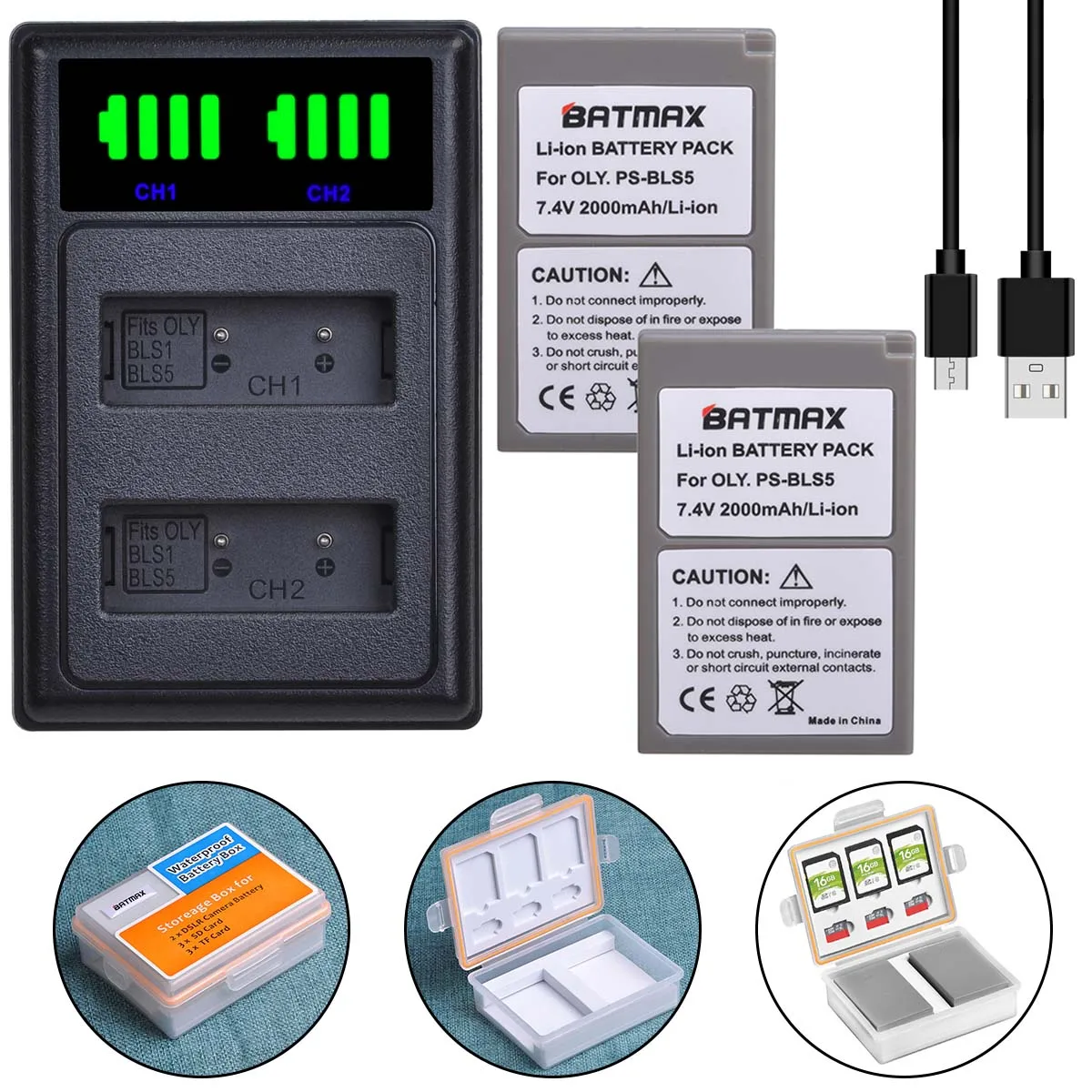 

Batmax 2pc PS-BLS5 PS-BLS50 BLS5 Battery+LED Dual Charger with Type C for Olympus PEN E-PL2,E-PL5,E-PL6,E-PL10,E-PM2,OM-D E-M10