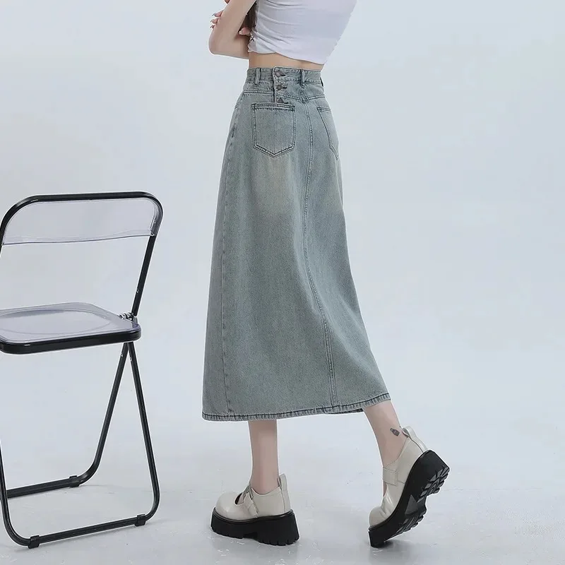 Casual Slit Denim High-waisted Half Body Skirt, New Fashion and Versatile Slim-fitting Long Skirt for Women in Spring and Summer