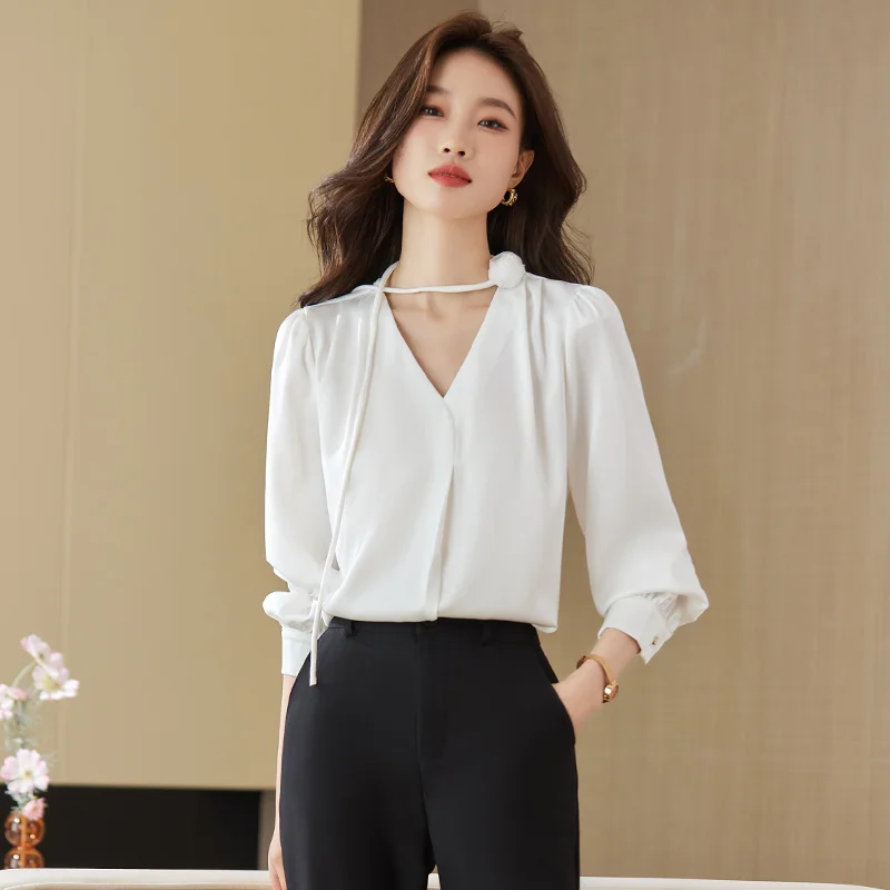 NAVIU Orange Shirt Women New Autumn Fashion Temperament V Neck Chiffon Blouses Office Lady Work Tops White