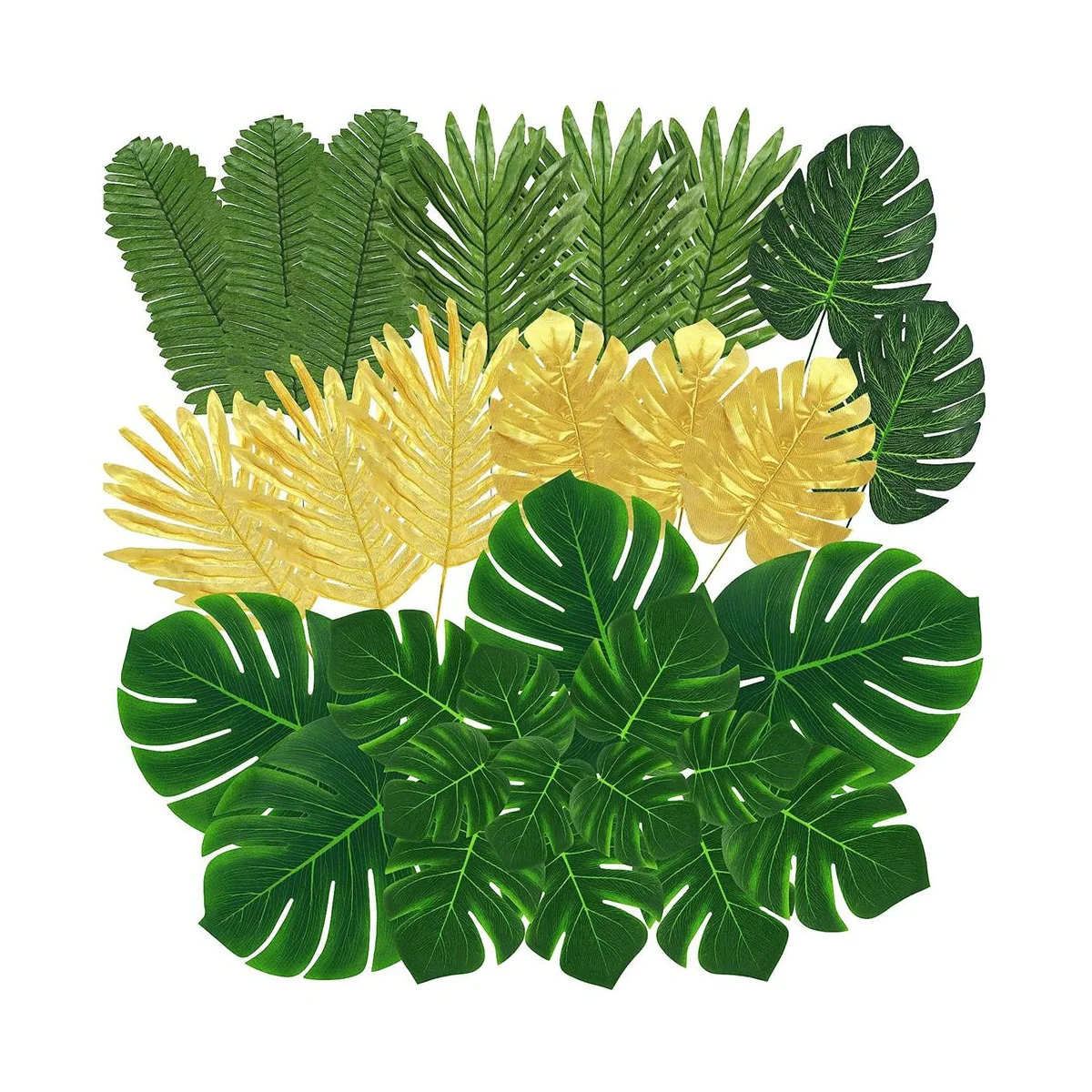 100 Pcs Artificial Palm Leaves Tropical Leaves, Leaf Gold and Green Faux Leaves for Hawaiian Party Table Decoration