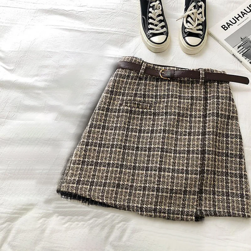 Korean High Waist Tweed Mini Skirt Women Autumn Winter Thicken Korean Slimming Plaid Skirts New Y2K Fashion Sashes A-Line Shirt