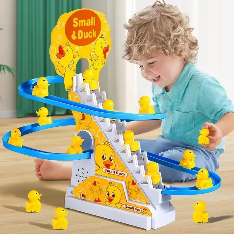 

New Electric Small Ducks Climbing Toys DIY Ducks Chasing Race Track Game Set with Lights & Music Roller Coaster Toy for Kid Gift