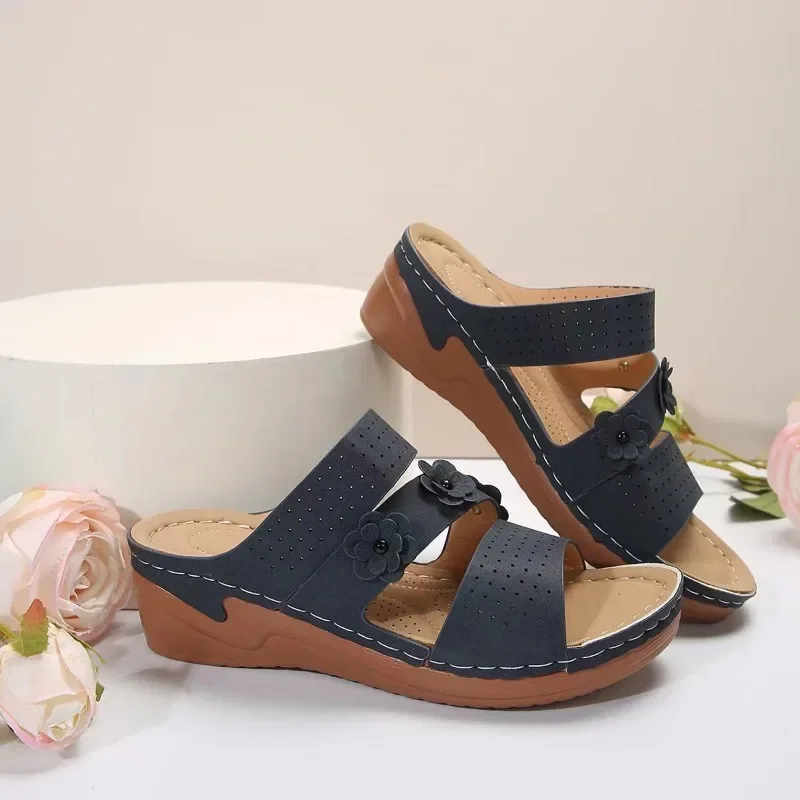 Zapatos de punta abierta para mujer, zapatillas de verano con flores romanas, informales de playa, talla grande, gran oferta