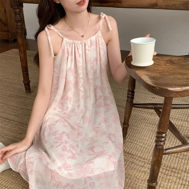 Suspenders Nightdresses Women Sexy Lace-up Loose Sweet Nightgowns Fashionable Ink Painting Summer Loungewear New Female Pajamas