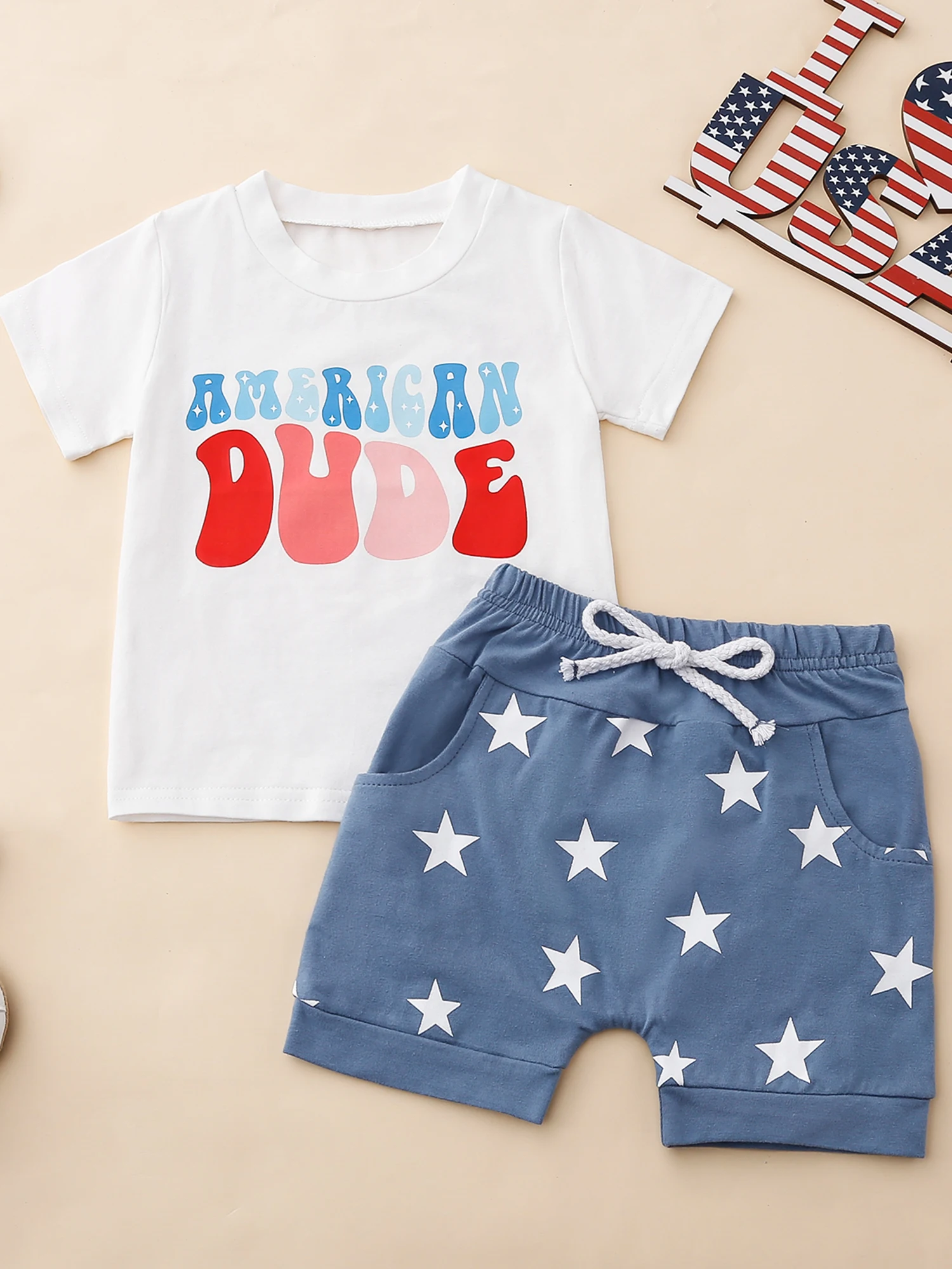 

Infant Boys Independence Day Apparel Patriotic Tee Star Patterned Shorts Set for Fourth of July Celebration Outfit