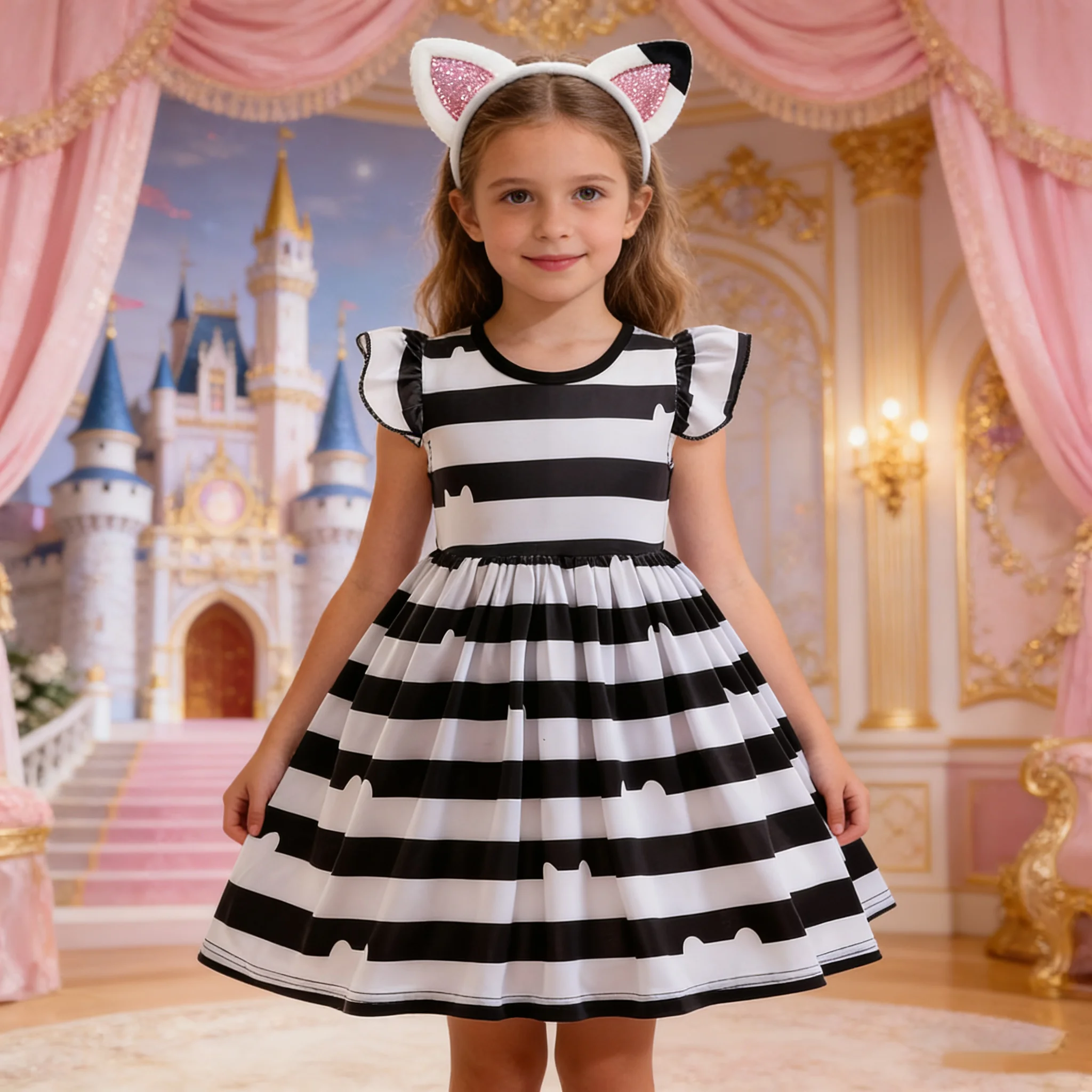 

carnival Cartoon Cat Dress Girls dolhouse Dress Striped Party Dress with Cat Headband summer Birthday Party Outfits 4 5 6 8 year