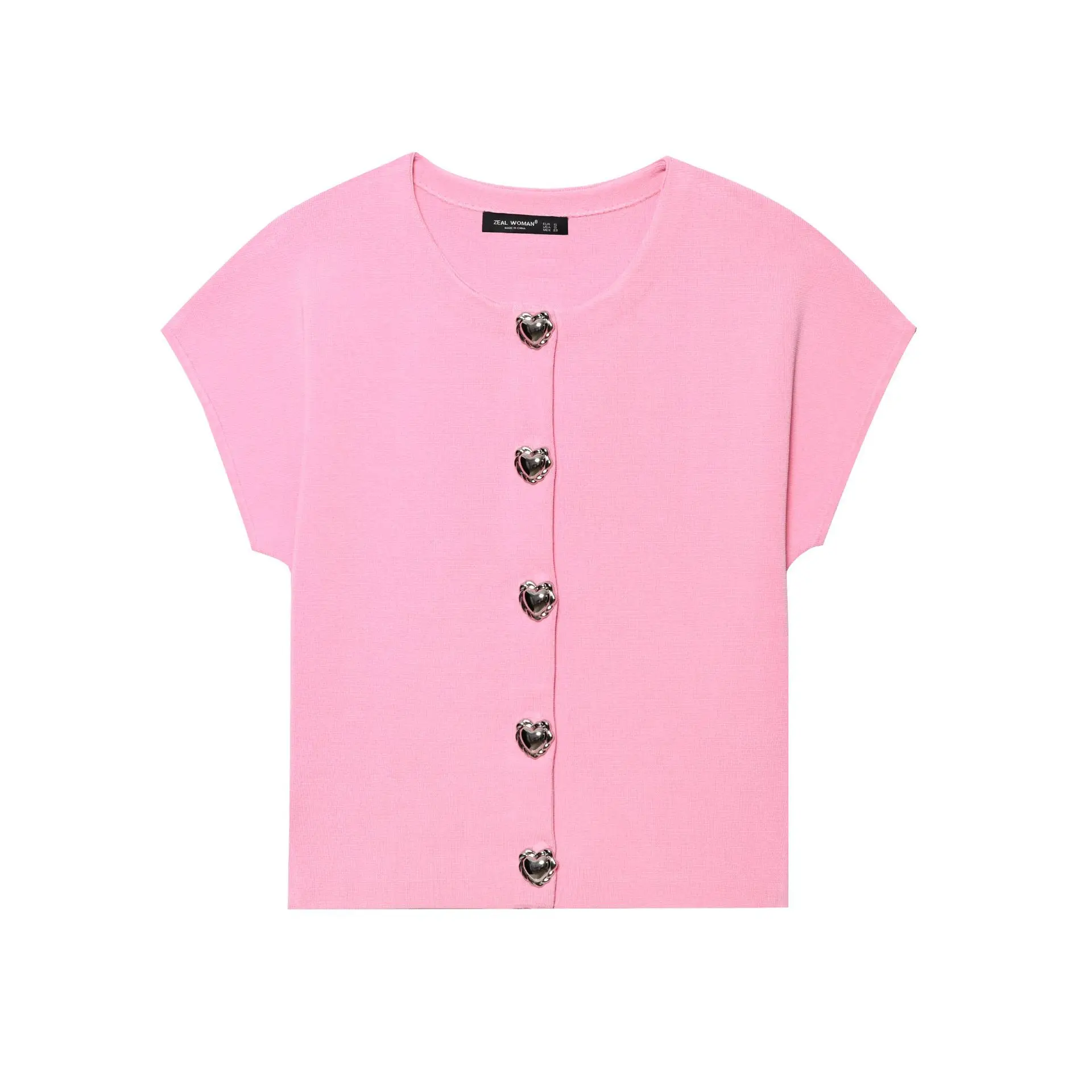 

Модный вязаный топ с пряжкой в форме сердца в европейском и американском стиле, универсальная популярная женская одежда с короткими рукавами