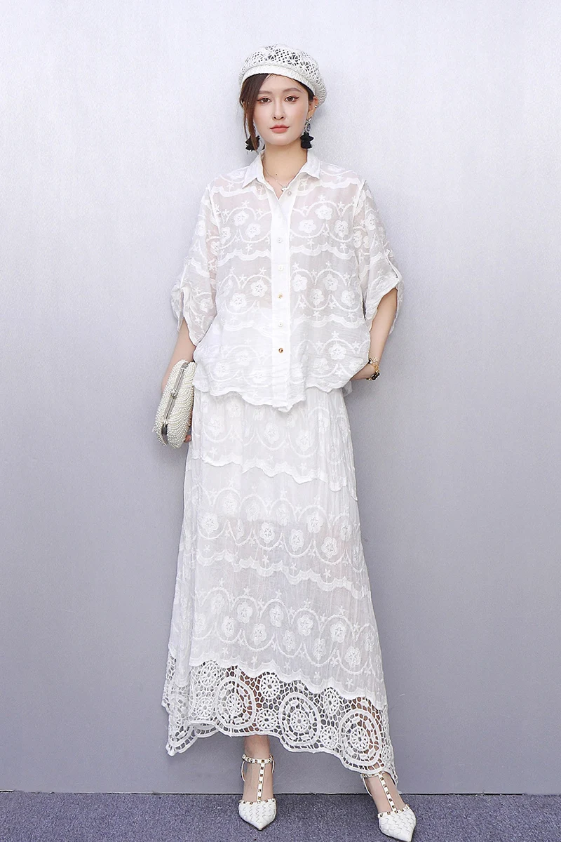 

2025 Spring Summer New Fashion Loose Short Sleeve Lace Shirts Top Women Long Skirts Two-piece Set Female J1235