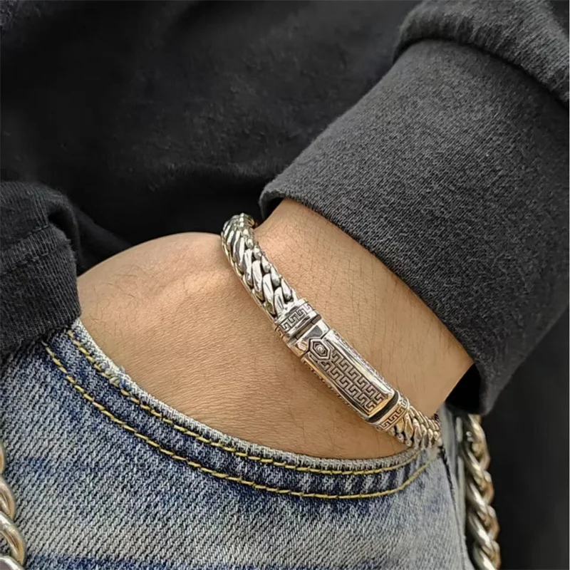 OUYADI Retro Punk S925 Silver Thick Braided Bracelet Men Ethnic Return Pattern Smooth Handcrafted Daily Ornament