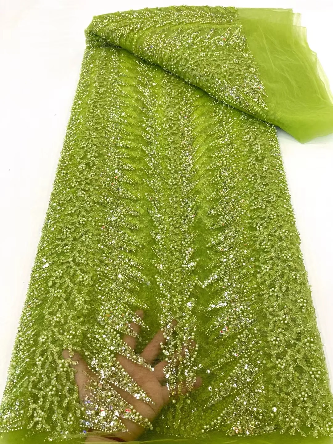 Paillettes di colore verde limone di alta qualità alla moda in Tulle con perline ricamo tessuto di pizzo netto francese per abito da festa