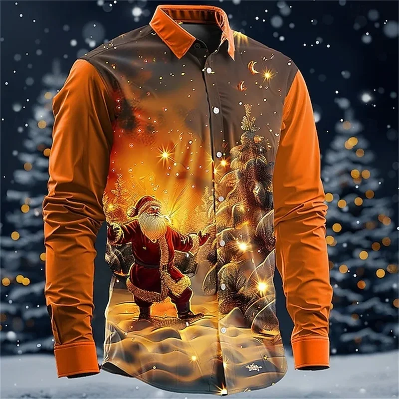 

3D Printed Christmas Snowflakes Casual Fashion Comfortable Button Down Shirt Men's Long Sleeve Party Shirt Top Men's Santa Claus