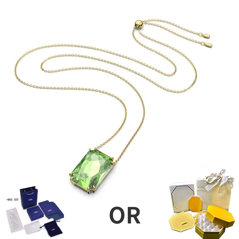 Royal Nation Style  New MILLENIA Rectangle Pendant Simple Gold Necklace Green Transparent Crystal Delicate Female Jewelry