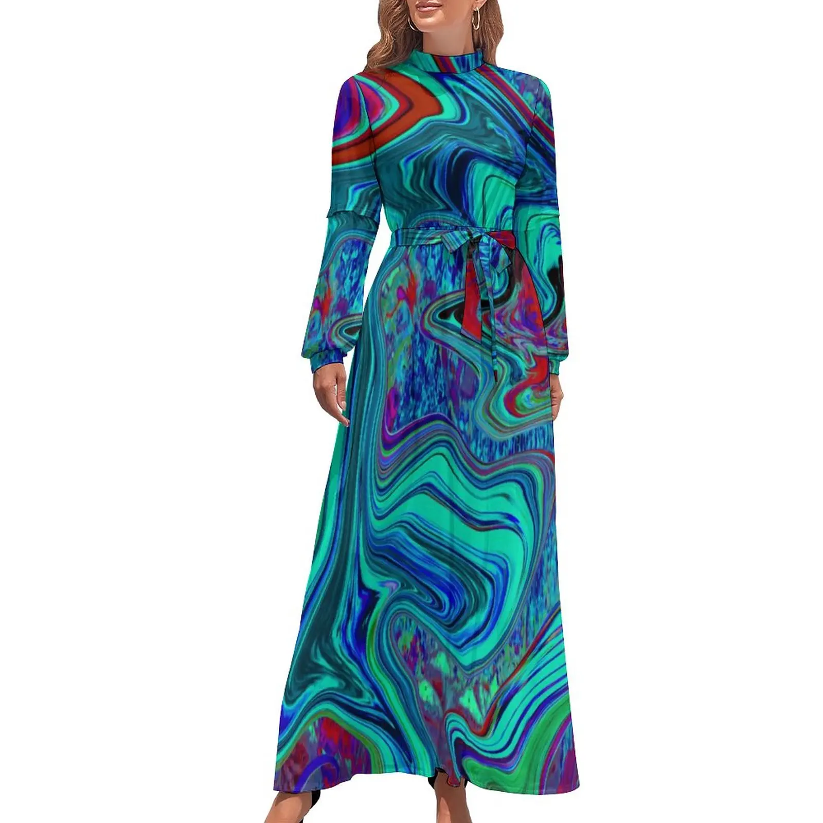 Retro 60s Ar Dress Groovy Abstract Print Kawaii Maxi Dress Basic Bohemia Long Dresses High Waist Pattern Clothing