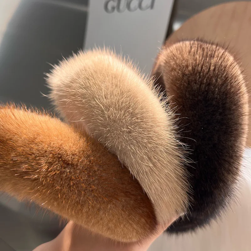 New Winter Real Mink Fur Headband For Women Hair Accessories Solid Head Wraps Warm Furry Gift