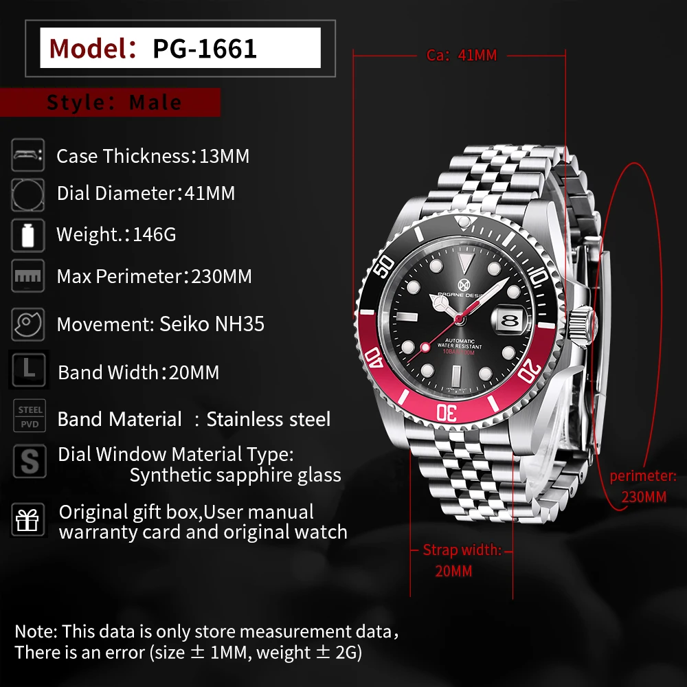 2024 New (PAGRNE) PAGANI Design Automatic Mechanical Watch Luxury Sports Stainless Steel Waterproof Watch NH35 Sapphire Clock