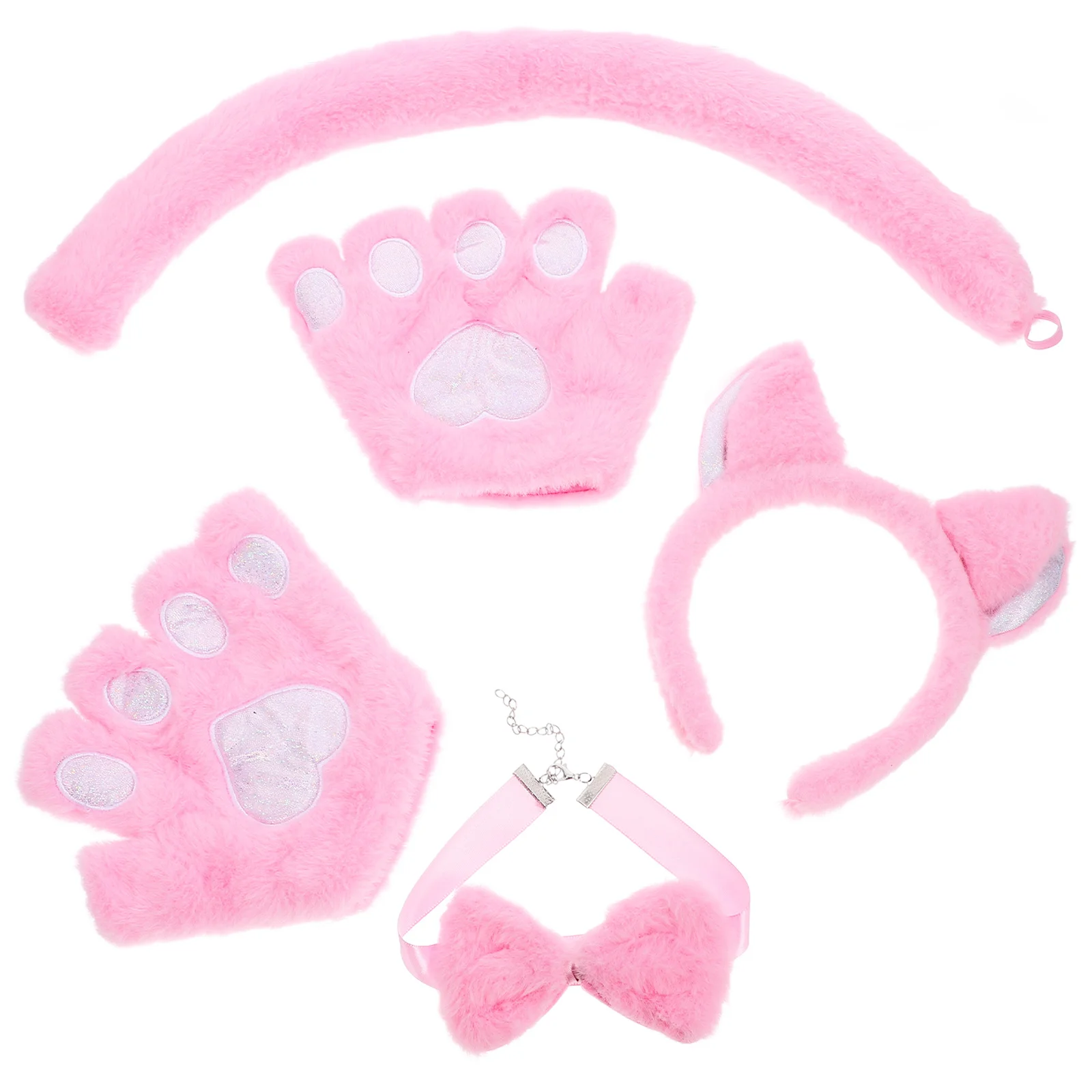 1세트 고양이 귀 머리띠 동물 의상 액세서리 부드러운 천 꼬리 나비넥타이 장갑 파티 코스프레 소품 키트 어린이 소녀 코스프레용