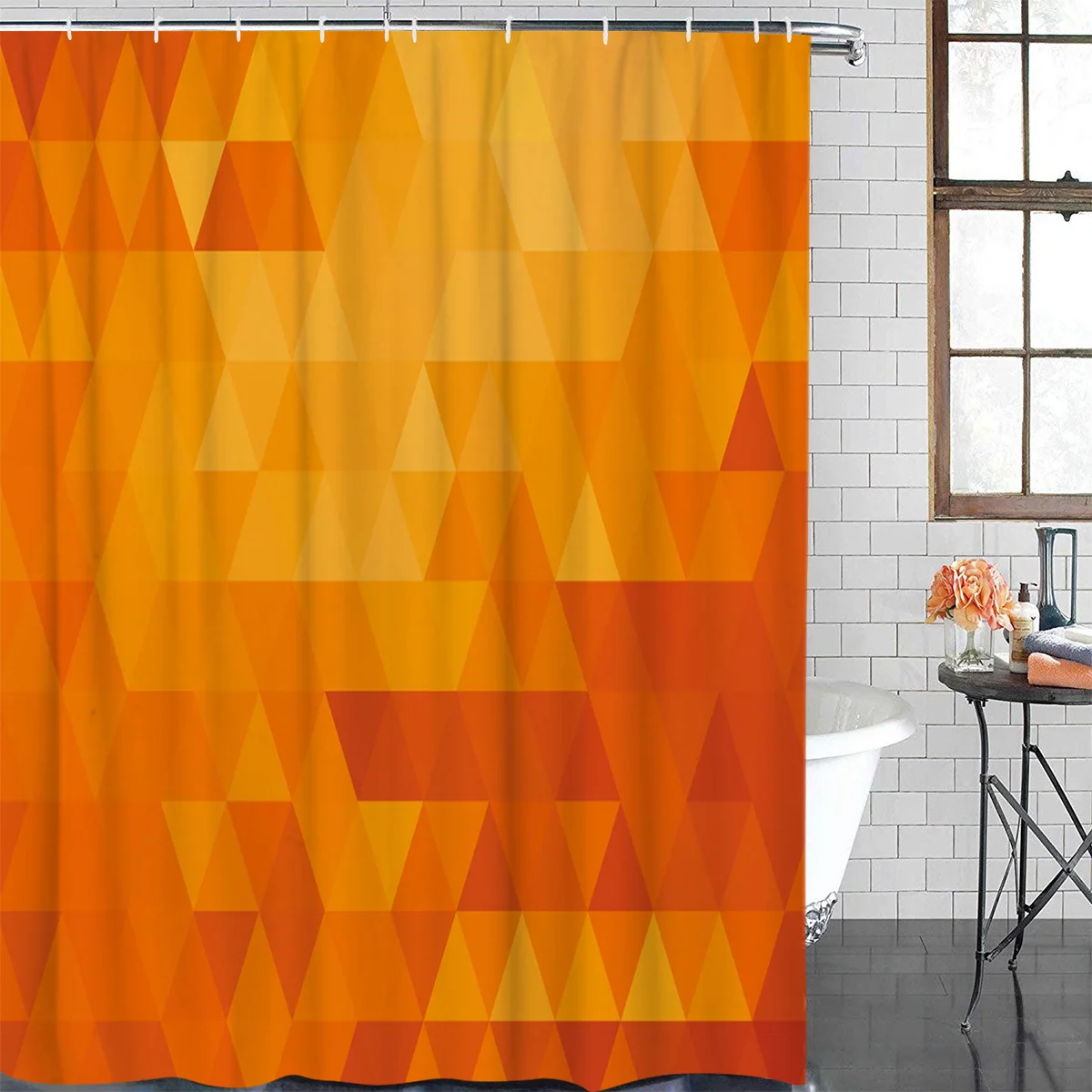 Orange Triangle Geometry Orange Waterproof Bathroom Decoration Shower Curtain With Hook Bathtub Curtains Bathroom Accessories