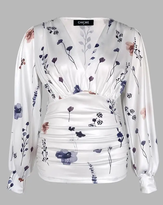 Floral Print Deep V-Neck Lantern Sleeve Blouse Casual Ruched Top Women's Elegant Loose Fit Long Sleeve Blouse
