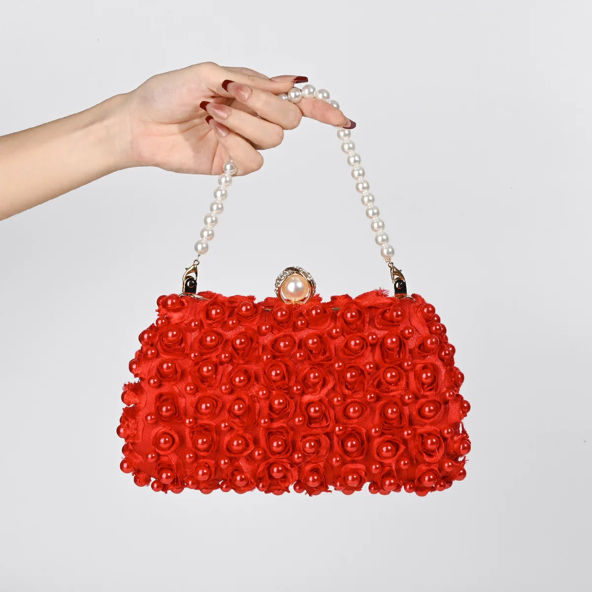 

One-sided Rose Pearl Evening Bag for Women Fashionable Stylish Beading Bridal Dress Banquet Handbag Cheongsam Clutch Bag