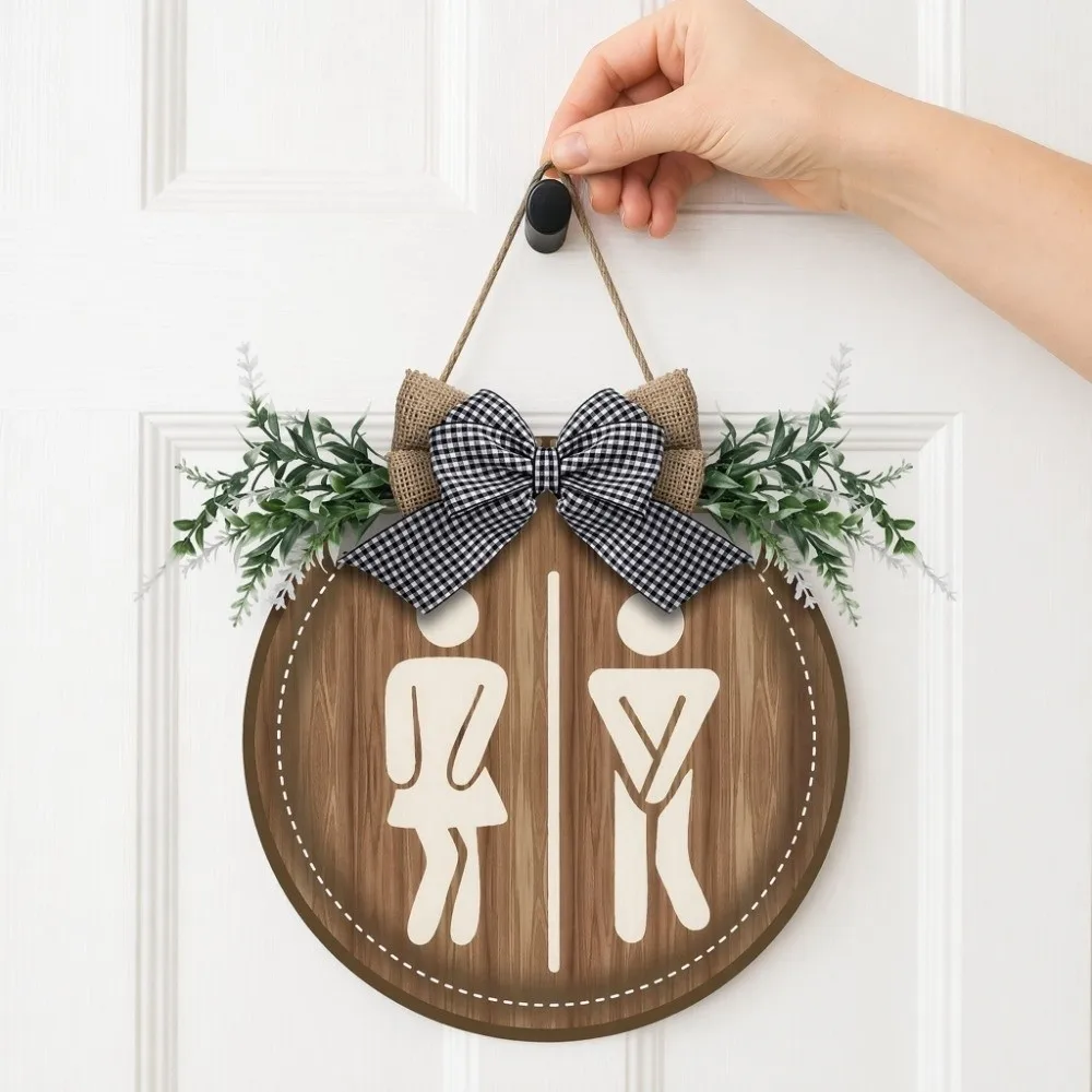 Wooden Bathroom Sign Plate Ornament Hanging Circle Decorative Plaque Retro Farmhouse Plaque Wall Art Sign Group Living Area