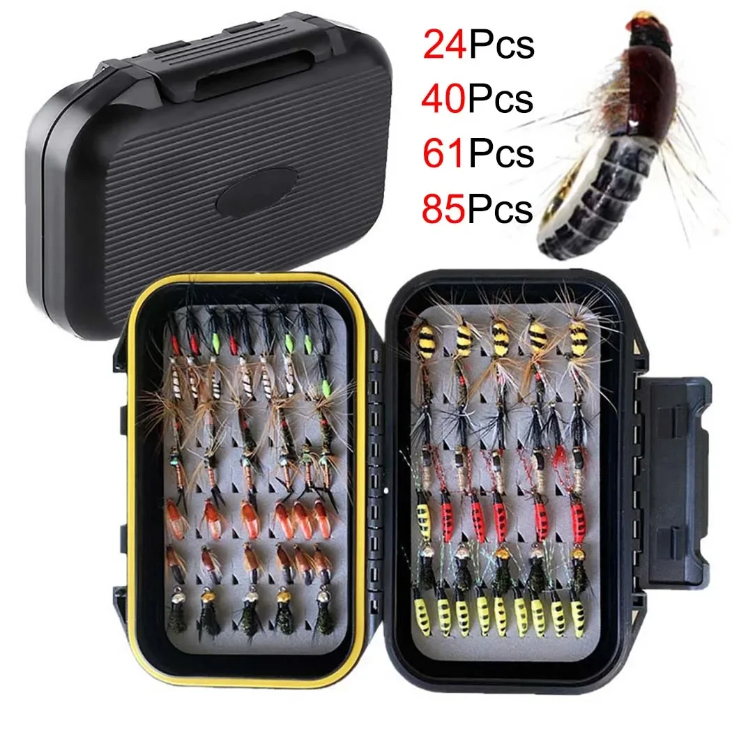 

24-85Pcs/Box Dry/Wet Fly Fishing Flies Kit Handmade Fly Fishing Gear Streamers Fly Assortment Trout Bass Fishing with Fly Box