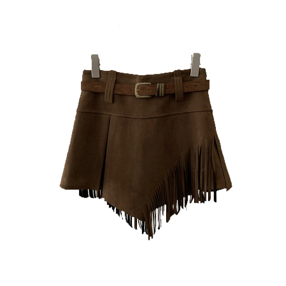 Vintage daim gland jupes femmes automne hiver irrégulière couleur unie jupe fendue décontracté fête tout-Match a-ligne Mini jupes