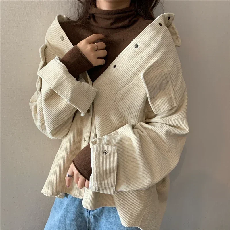 Spring New Women Solid Corduroy Shirts Jackets Full Sleeve Turn-Down Collar Oversize Coats Casual Autumn Basic Outwear T0O901F