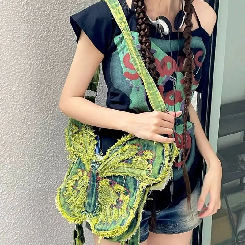Fashion Butterfly Embroidery Shoulder Bags Y2k Aesthetic Trendy Women Casual Backpacks Vintage Denim Haruku Crossbody Handbags