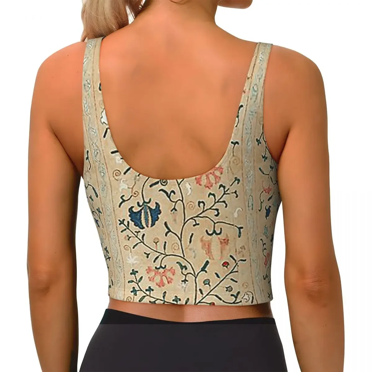 Custom Uzbekistan Suzani Nim Embroidery Women Sports Bra High Impact Vest Gym Workout Yoga Crop Tank Tops