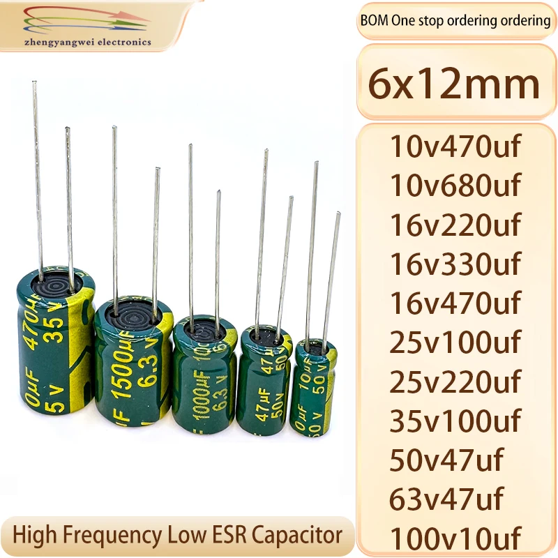 

6X12 20PCS 100v10uf 63v47uf 50v47uf 35v100uf 25v220uf 25v100uf 16v470uf 16v330uf 16v220uf 10v680uf 10v470uf capacitor