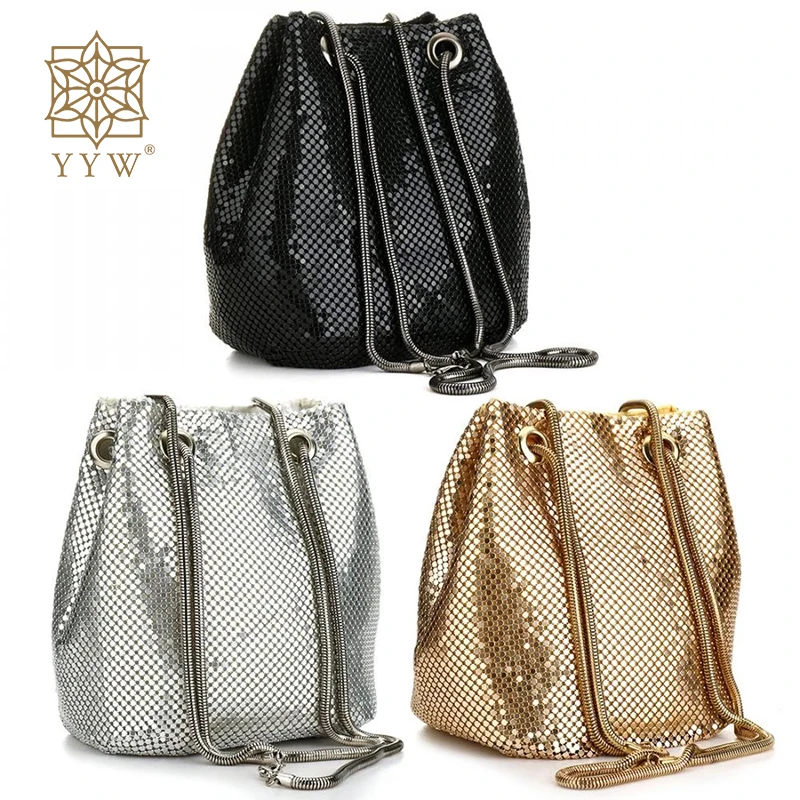 black Fashion Chain Shoulder Bag Evening Party Bucket Sequin Bag For Women 2020 Sliver Gold Purse girl Handbags Female dropship