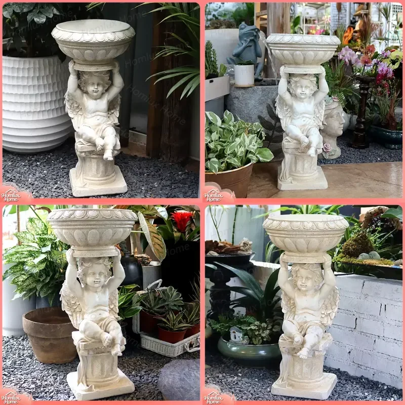 Vintage European Style Angel Statue Garden Ornament Balcony Decor Roman Flower Pot Courtyard Decoration Outdoor Home Decor