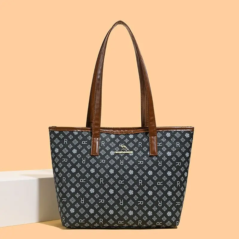 Brown Black Large Capacity Printed Tote Bag PU Leather Handbag Shoulder Bag Purse Phone Work Travel Fashion Versatile For Women