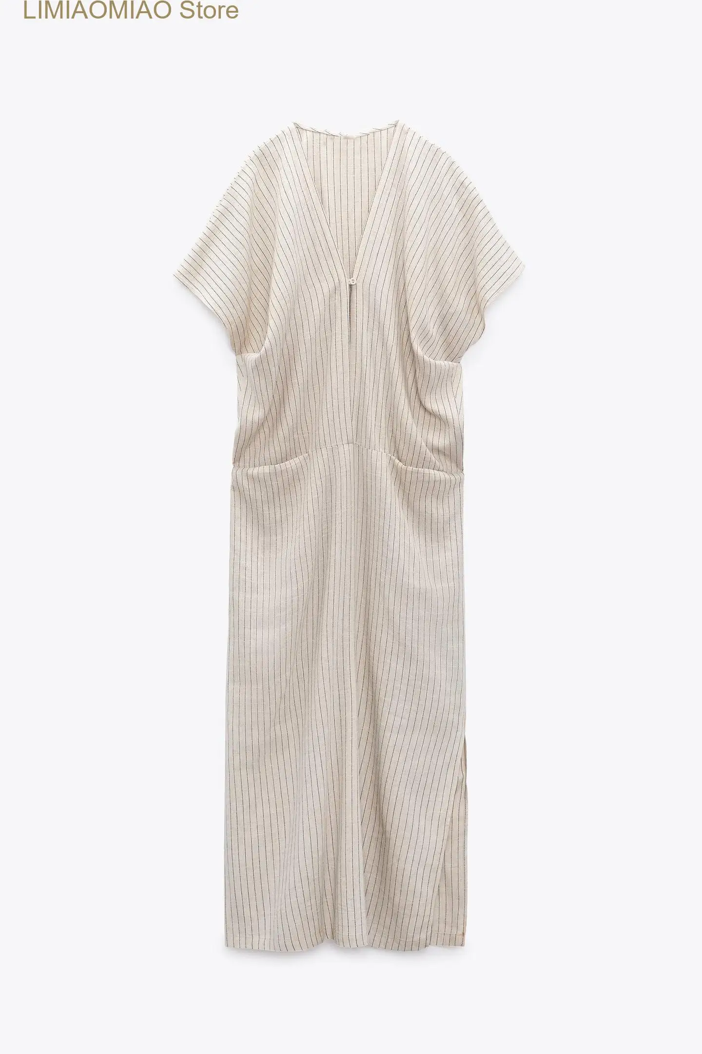 New Women's skirt Vintage V-neck loose striped linen pocket ornament kaftan style dress