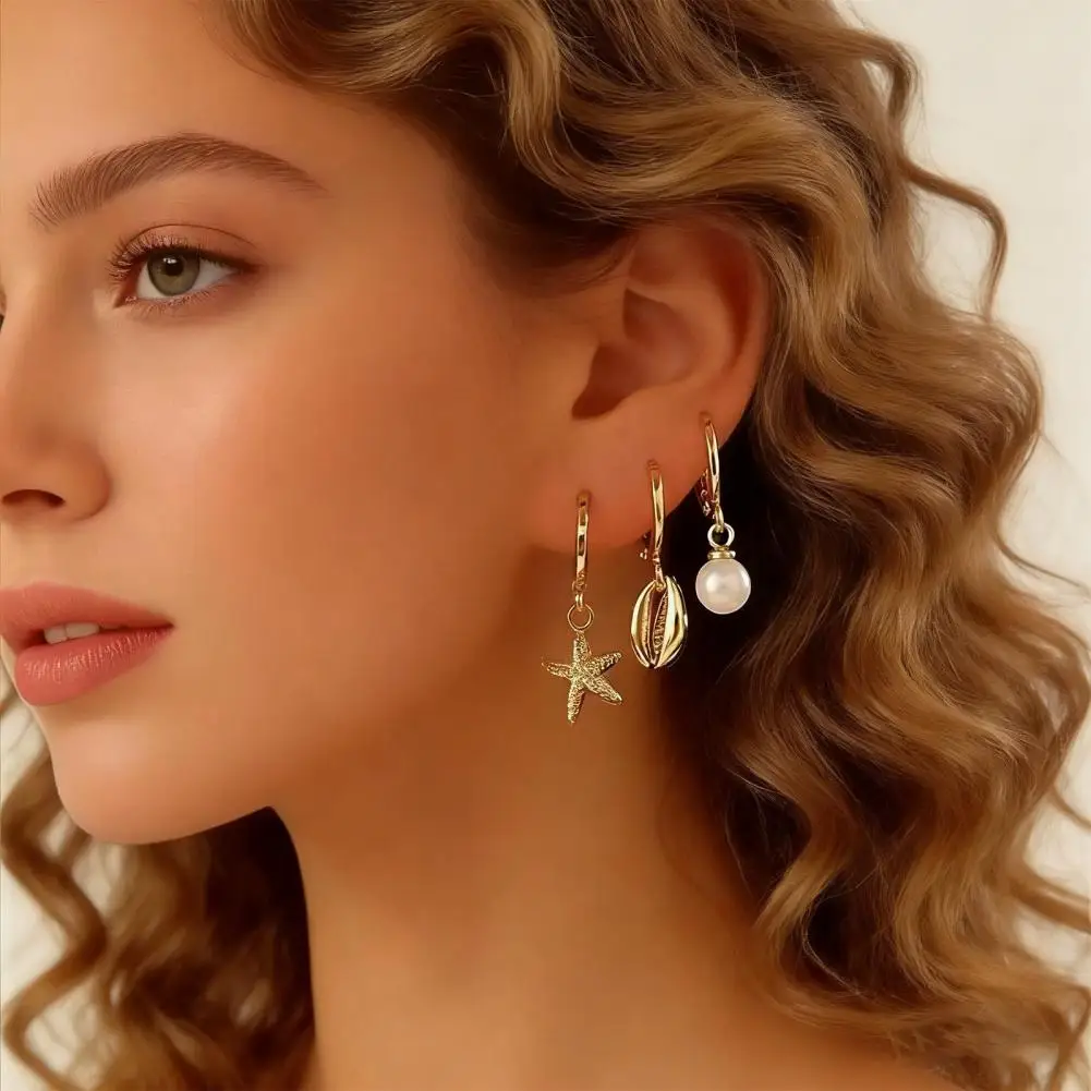 Holiday Earrings 3 Pairs Coastal Hoop Earrings with Starfish Seashell Faux Pearl Charms – Summer Beach Dangle for Holiday