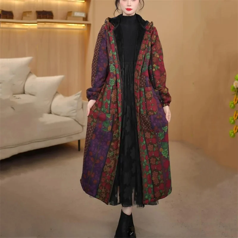 Winter Femme Medium Length Lined Jacket Autumn Women Fashion Cotton Linen Windbreaker Coat Ladies High-end Hooded Trench Outwear