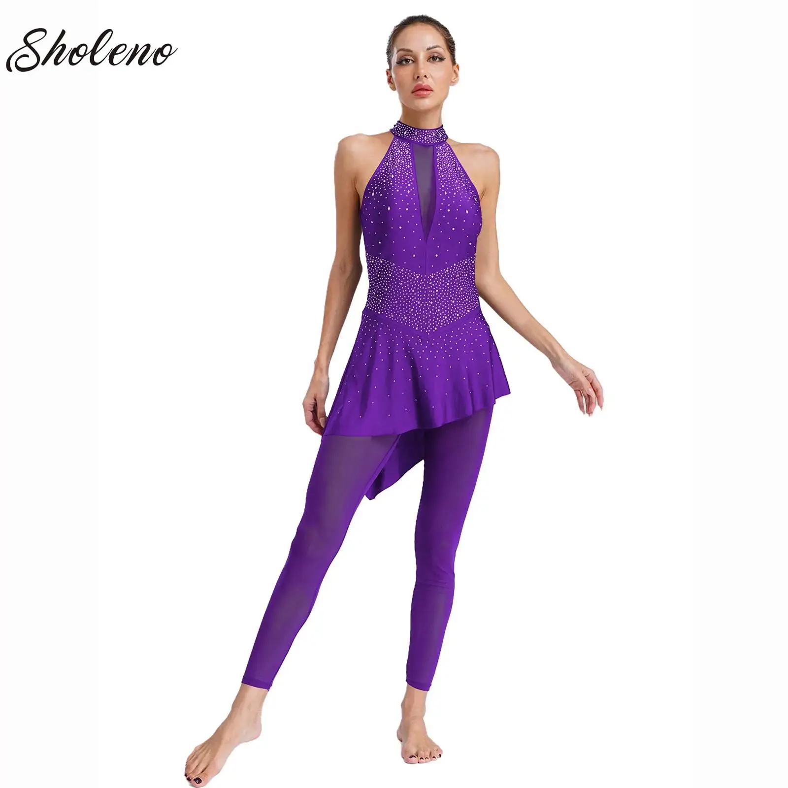 

Women Figure Skating Jersey Full Length Leotard Jazz Latin Dance Ballet Gymnastics Sleeveless Rhinestones Mesh Skirted Jumpsuit