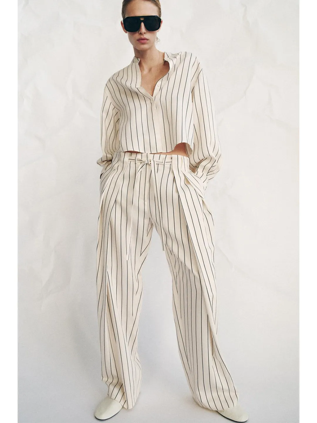 

Women's Casual Striped Shirt And Pants Set round Neck Puffy Sleeve Asymmetrical Hem Long Trousers Comfortable Spring Outfit