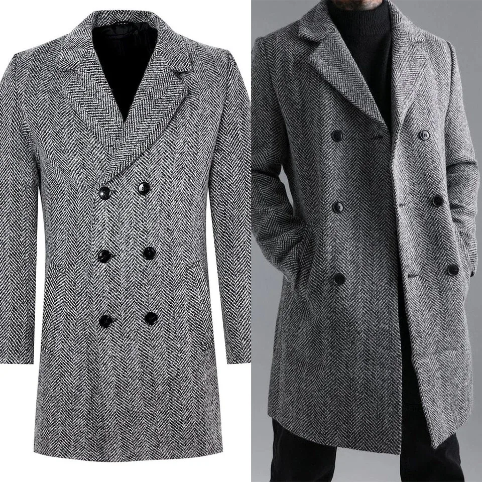 

Мужские длинные пальто с рисунком «елочка», шерстяные, с широкими остроконечными лацканами, уличная теплая официальная деловая куртка, цельная