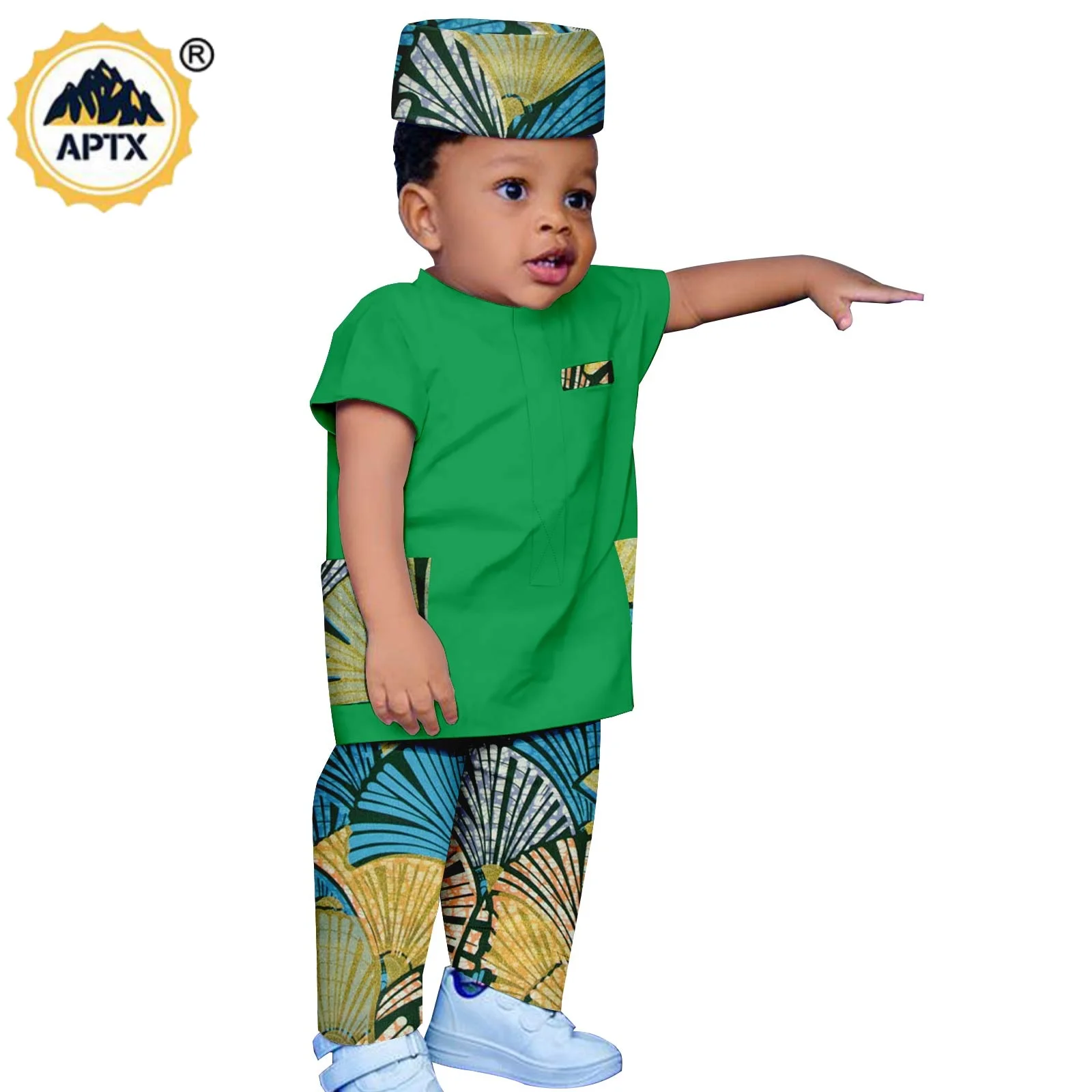 

African Boy Outfit Bazin Riche Print Short Sleeve Top and Pant Hat 3 Pieces Muslim Sets Dashiki Summer Children Clothing Y234009