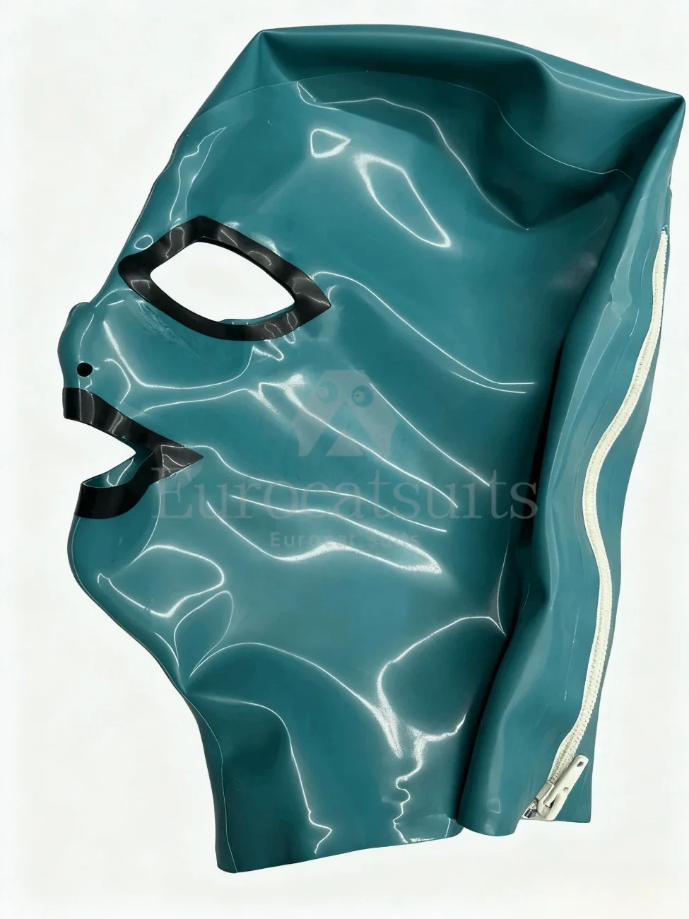 

customized rubber hood teal latex mask rubber black accents side zipper unique design fashion accessory party cosplay