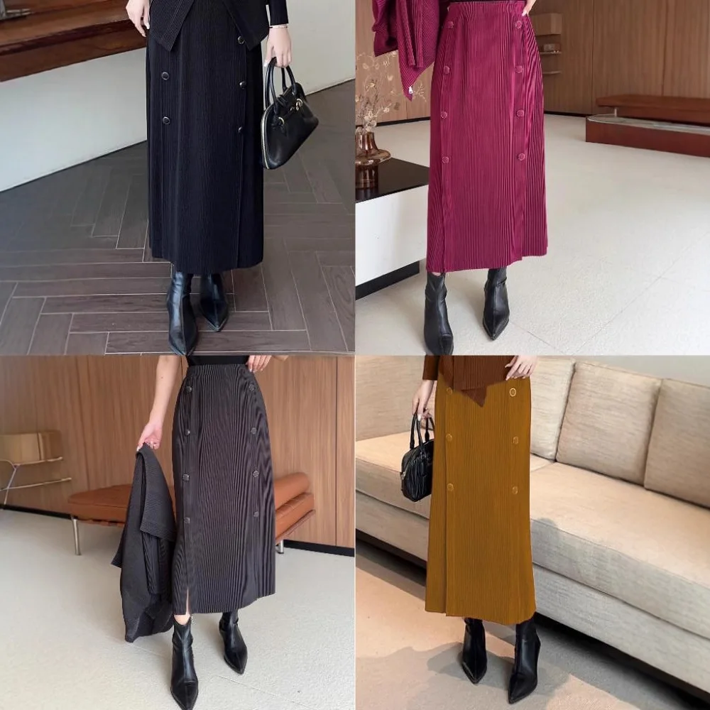 

Плиссированная юбка Miyake, осень-зима 2021, свободная двубортная простая прямая юбка-труба, универсальная популярная толстая юбка