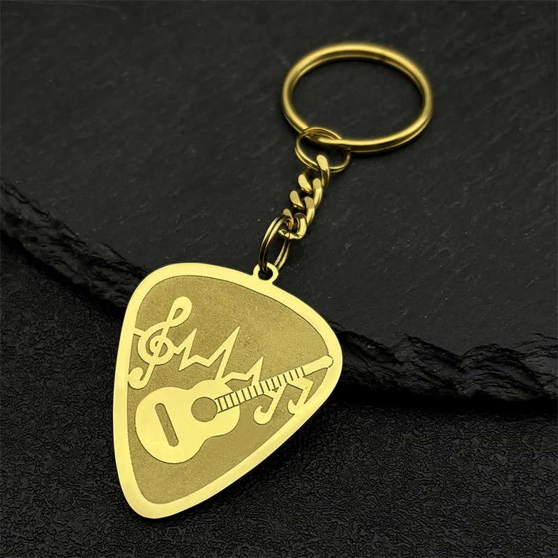 Hip Hop Guitar Pick Bass Note Keyring for Women Men Stainless Steel Gold Color Music  Bag Keyholder Jewelry llavero hombre