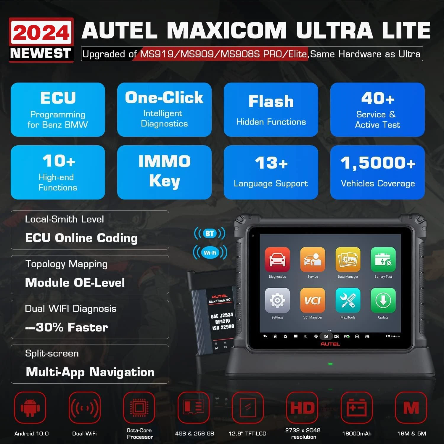 Autel MaxiCOM Ultra Lite S Scanner Car Intelligent Diagnostic Tools Advanced ECU Programming&Coding,40+ Services PK MS909 Elite2