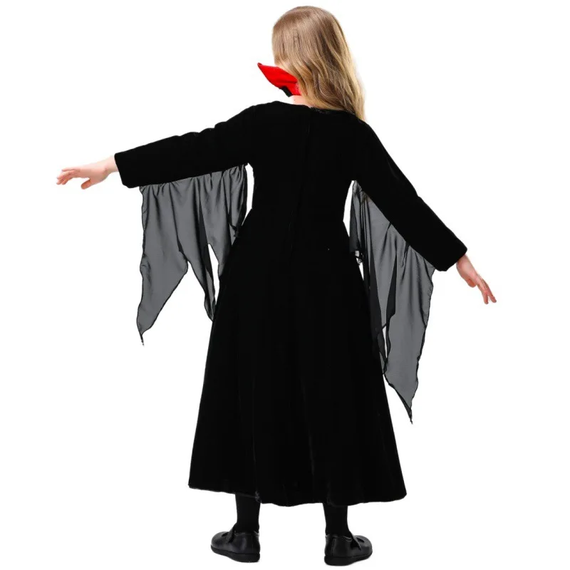 Costumes de vampire d'Halloween pour filles, robe de soirée pour enfants, magicien, sorcière, cosplay, carnaval, défilé de Pourim, scène, jeu en plis