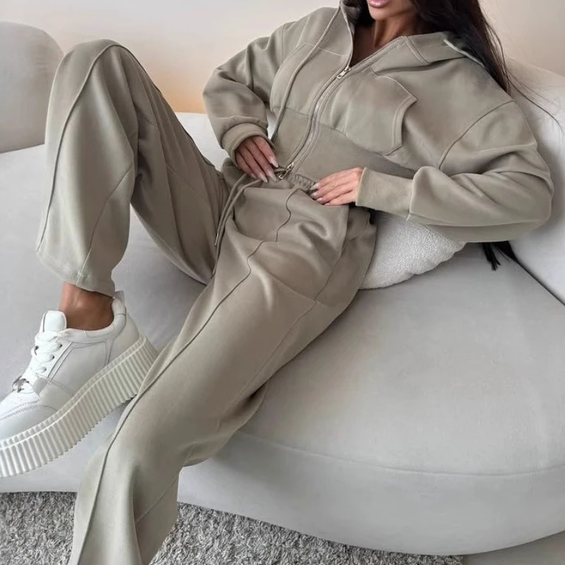 

New Casual Cotton Suit Long Sleeve Zippered Cardigan Waist Hooded Sweatshirt Lace-up Trousers Two-piece Set for Women